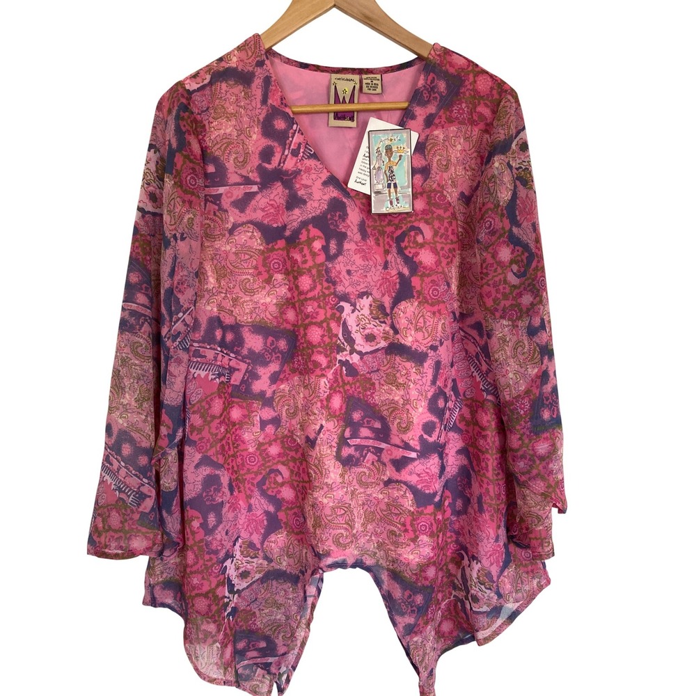 Antthony‎ Pink Purple Paisley Patchwork Chiffon Tunic Top Bell Sleeve Medium NEW